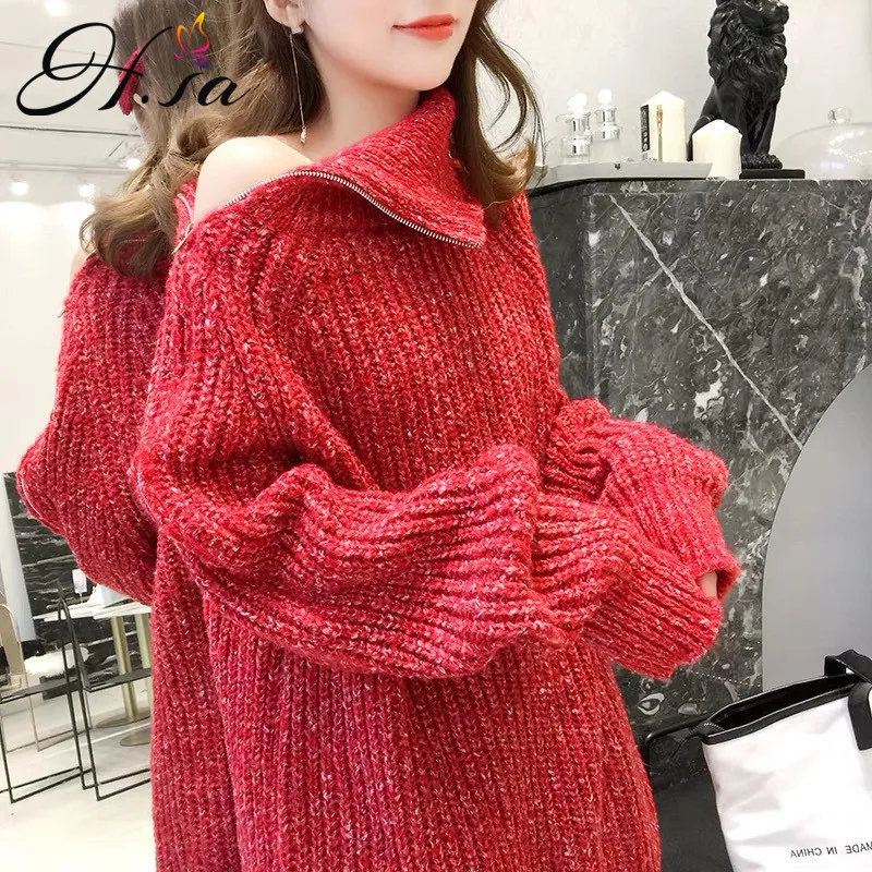 

H.SA 2019 Spring New Women Knitted Oversize Pullover and Sweaters Turtleneck Zip Jumpers Off Shouder Sexy Sweater Coat Long Top