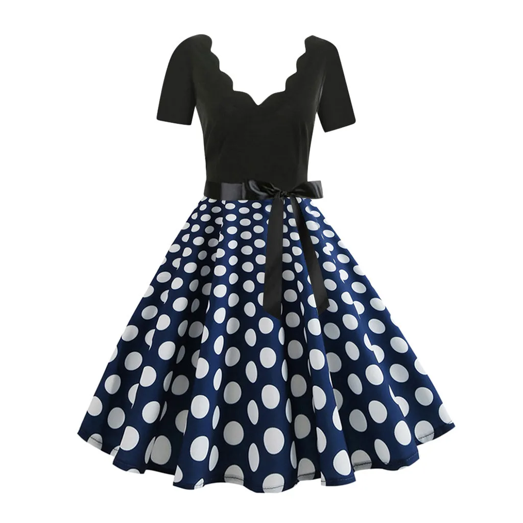 

Plus Size Dress Women Party Nigh Red Polka Dot Party Knee-Length Dress Short Sleeve Sexy Dresses Sexy Vintage Women Clothes 2019
