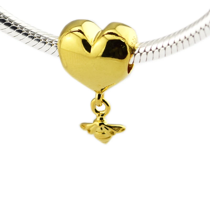 

Fits Pandora Bracelet Charms 925 Sterling Silver Jewelry Heart and Bee Silver Charm Shine Collection Beads for Jewelry Making