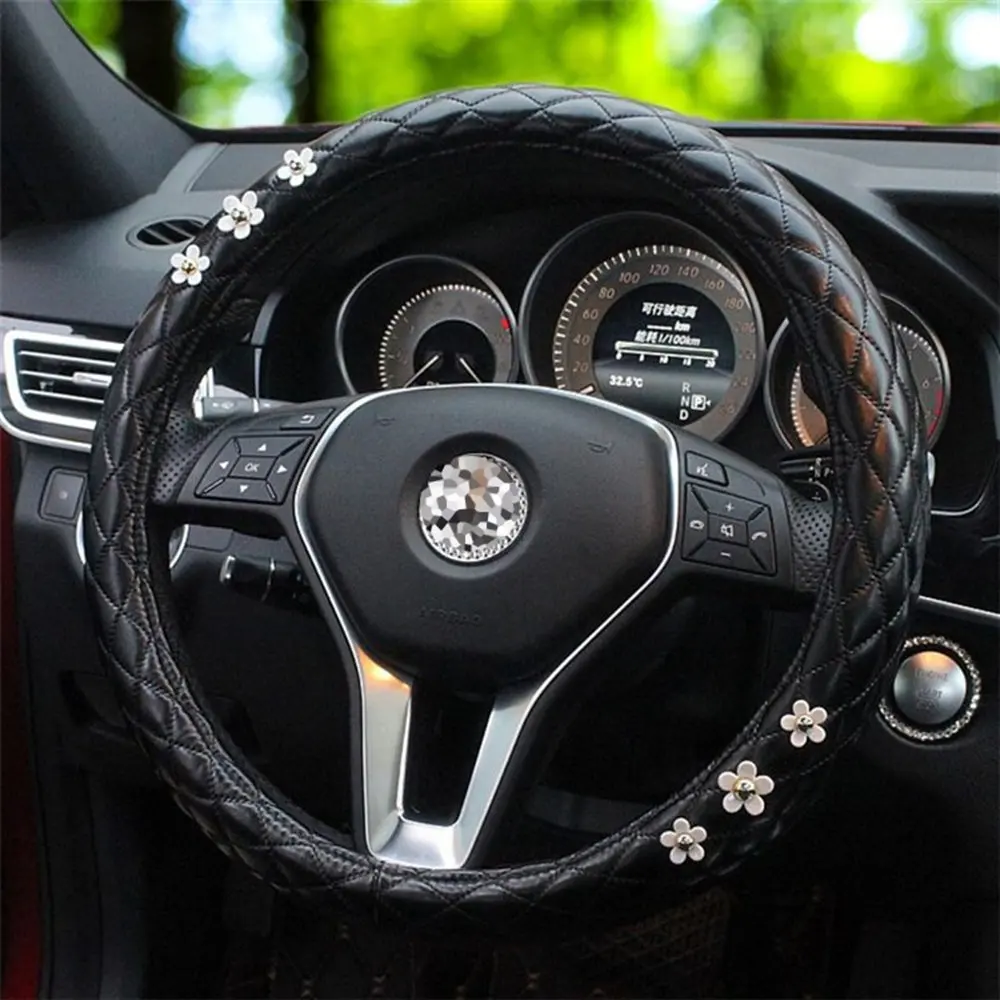 

Leather Car Steering Wheel Cover Daisy Deco Anti-slip Better Grip Steering Wheel Protector for Lady Girls Universal for 15 inch