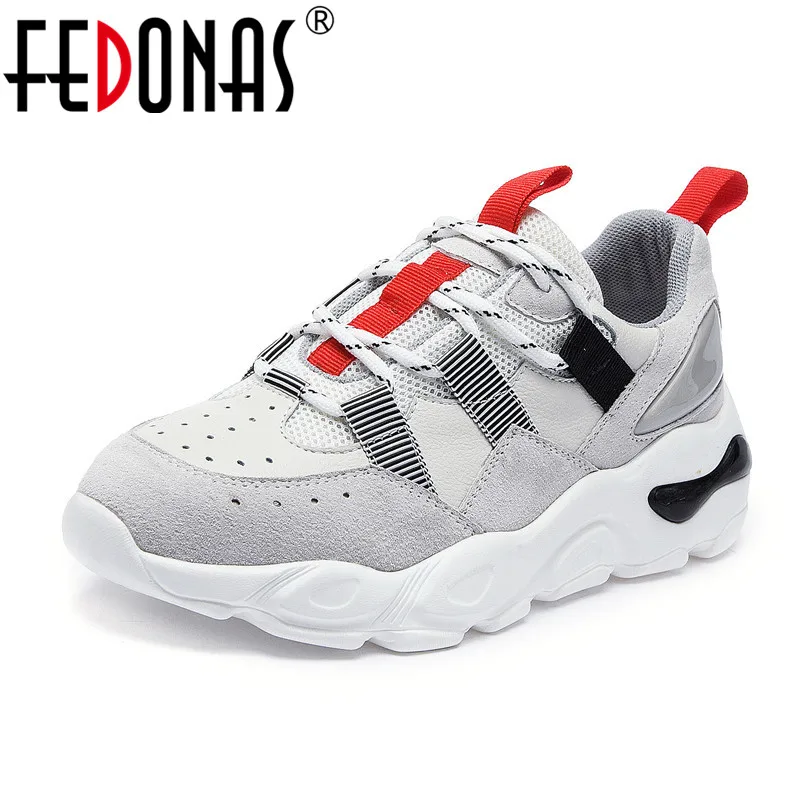 

FEDONAS Fashion Women Sneakers Quality Cow Leather Breathable Mesh High Heels Spring Summer Shoes Woman Concise Round Toe Flats