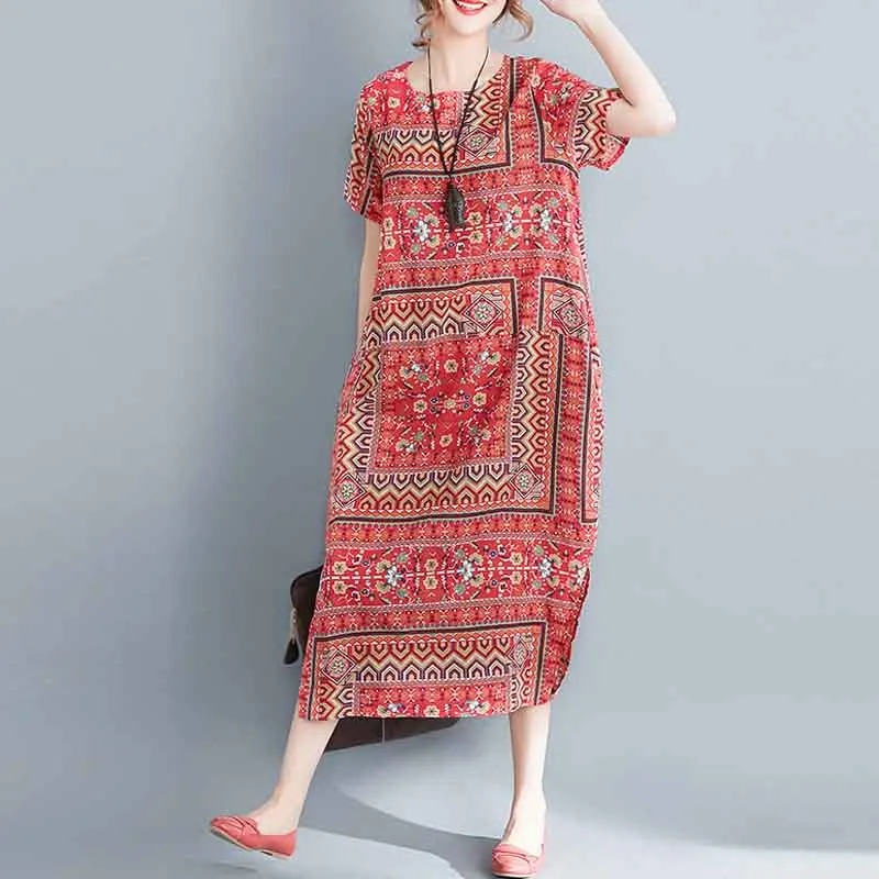 2018 ZANZEA Summer Women O Neck Short Sleeve Boho Floral Print Cotton Linen Midi Dress Loose