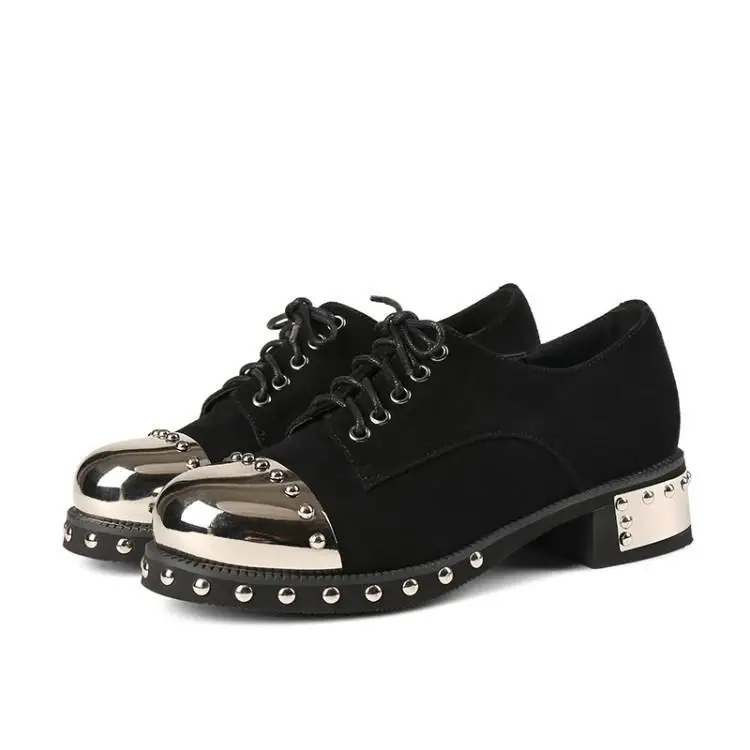 

Luxury Silver Gold Metal Toe Chunky Heel Black Suede Women Casual Shoes Round Toe Cross Tied Lace Up Ladeis Shoes Brand Designer