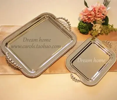 

2PCS/set rectangle metal serving tray with bead around dessert tray dish decorative trays with handle gloss silver FT029