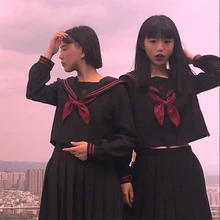 UPHYD Black Sailor Costume Teen Girls School Uniforms Long Sleeve Shirt+Tie+Skirt Schoolgirl Sailor Suits