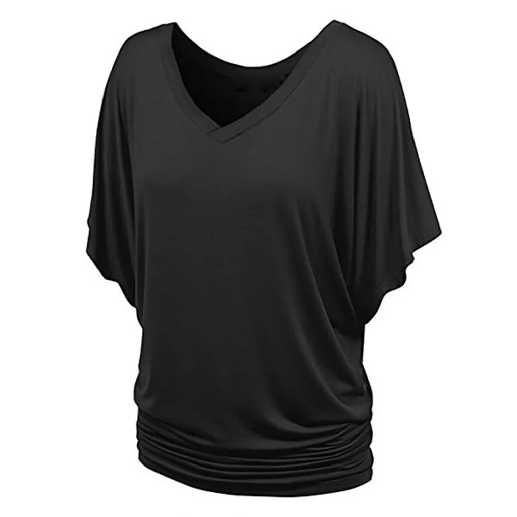 Модная женская рубашка размера плюс, одноцветная футболка с v-образным вырезом и коротким рукавом с рюшами, чистый цвет, футболка, подарок XL-L5, Прямая поставка#0320 - Цвет: BK