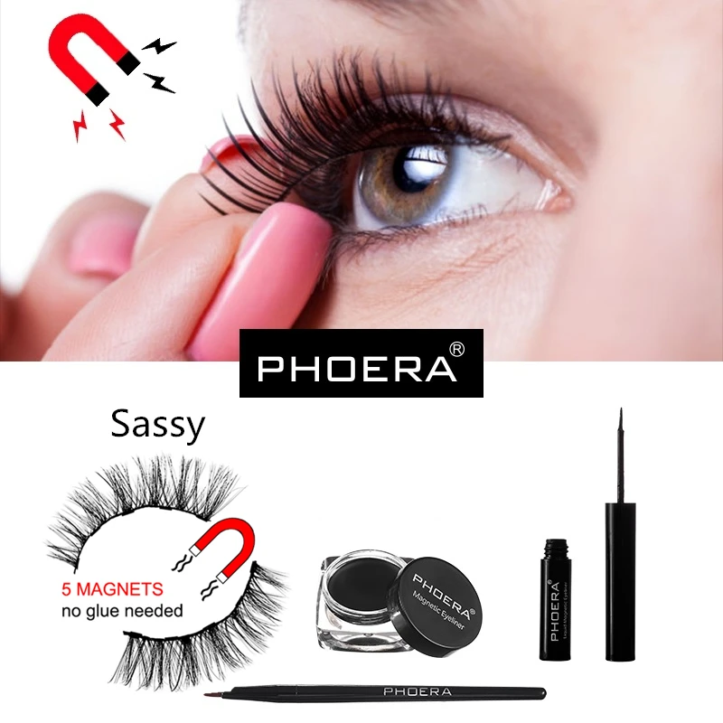 PHOERA Magnetic Eyeliner Eyelashes Kit 3D Magnet False Eyelash Reusable& Liquid Eyeliner& Brush Set Waterproof Lasting Makeup - Цвет: Sassy