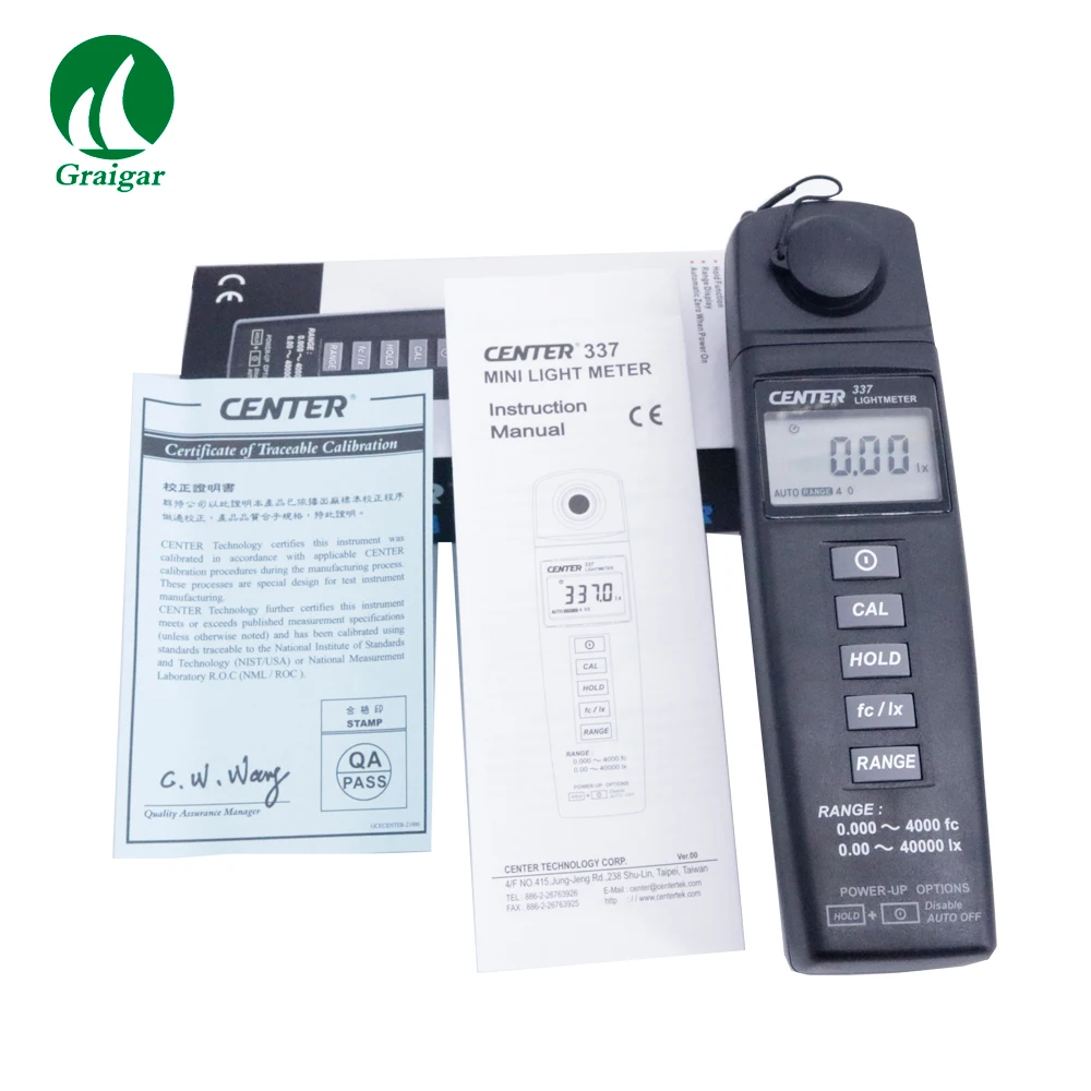 Light Meter CENTER 337 Sample rate 2 times/sec Resolution 0.001fc1fc