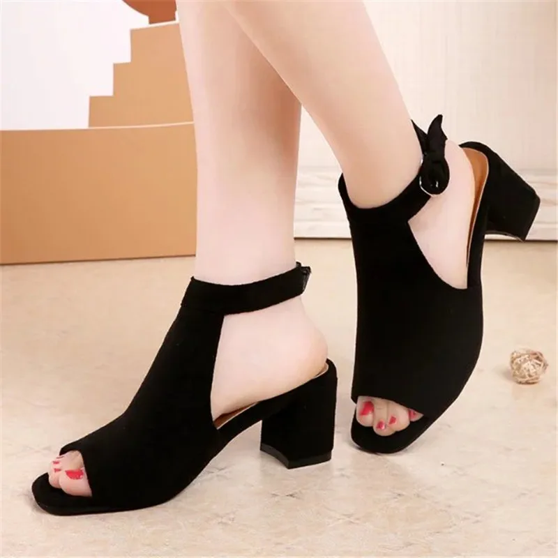 

2019 Women's Summer Open Toe Sandals Concise Solid Faux Suede Buckle Strap Boots Thick High Heels Casual Shoes Woman E997