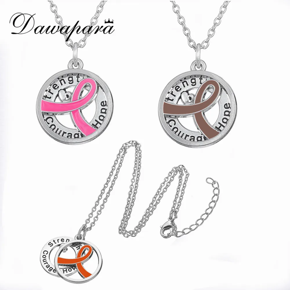 

Dawapara Breast Cancer Warrior Ribbon Necklace Message Hope Strength Courage Alloy With Crystal Heart Pendant Necklace Jewelry