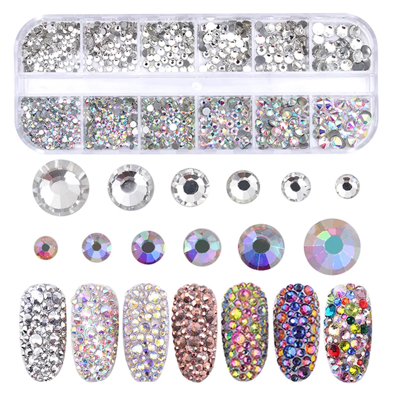 

12 Grids AB Color Nail Rhinestones Multi-size Clear Nail Art 3D Decoration Flat Bottom Manicure Accessories Tools DIY Design