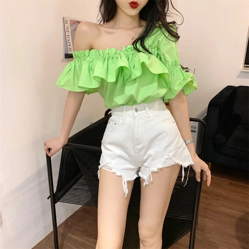 الصيف الجديدة 2019 الكورية قصيرة الأكمام قميص فضفاض البرية غير النظامية مثير بلوزة أنيقة الإناث مزاجه شيك قمصان امرأة SP449