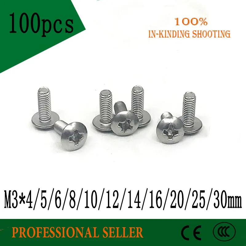 

100pcs M3*4/5/6/8/10/12/14/16/20/25/30mm 304 Stainless Steel Cross Screws Round Head Plain End Self-tapping Screw Bolt Fastener
