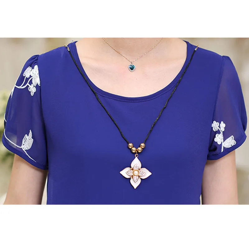Large Size Women Short Sleeve Chiffon Shirts Mother Double-deck Blouses Fashion Flower Print Tops Pullover Plus Size XL-4XL W919 6