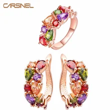 CARSINEL, роскошные цветные свадебные ювелирные наборы, розовое золото, серьги и кольцо, сияющий CZ Циркон, Свадебные Ювелирные наборы JS0069