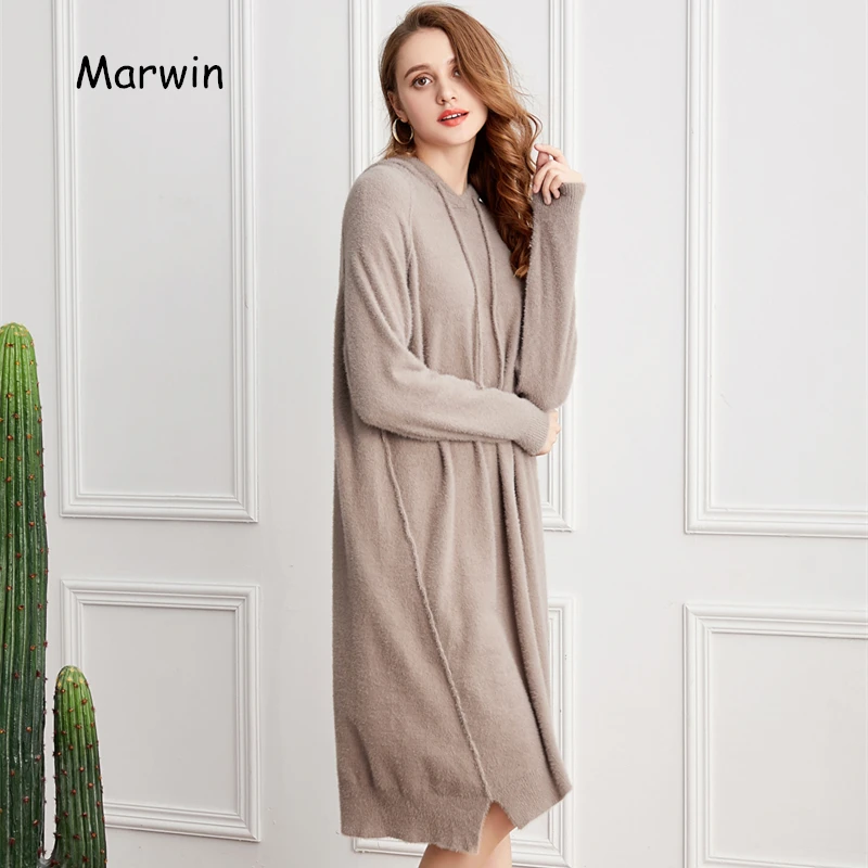 

Marwin 2018 New-Coming Autumn Winter Casual Fleece Pullovers Long Solid Sweaters Soft hooded Women Sweaters
