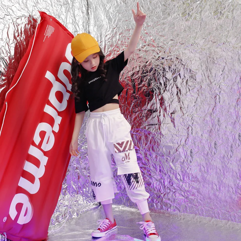 Kids Hip Hop Clothing Outfits Jazz Dance Costume for Girls Cropped Tshirt Top Silver Jogger Pants Ballroom Dancing Streetwear