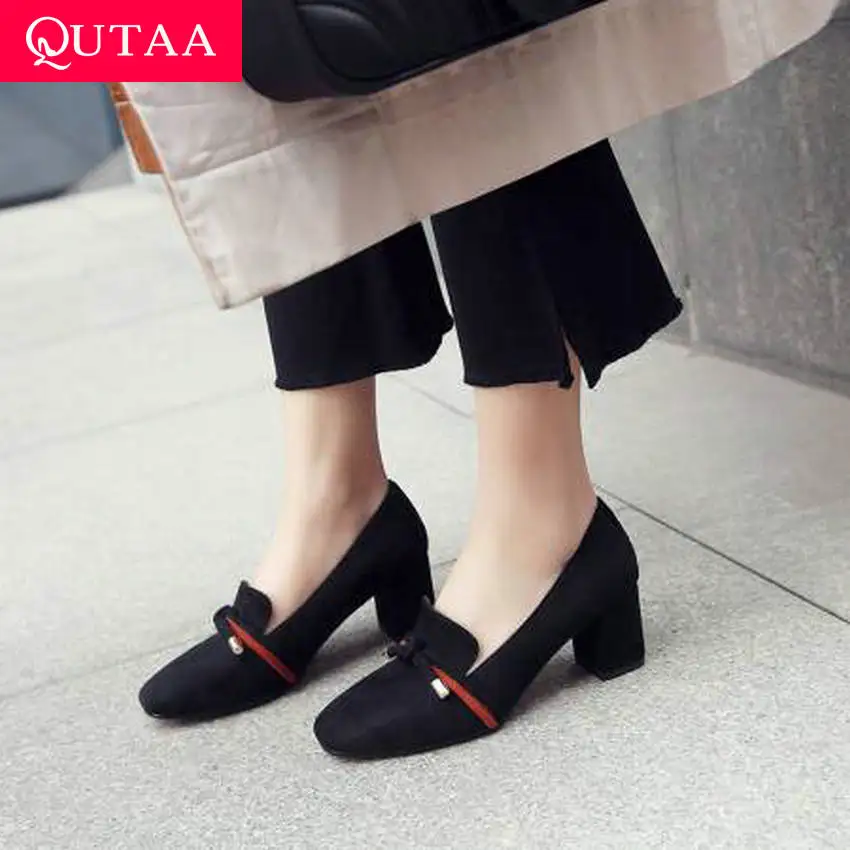 

QUTAA 2019 Women Pumps Flock Slip on Butterfly-Knot Round Toe Square High Heel Leisure Basic Ladies Single Shoes Size 34-43
