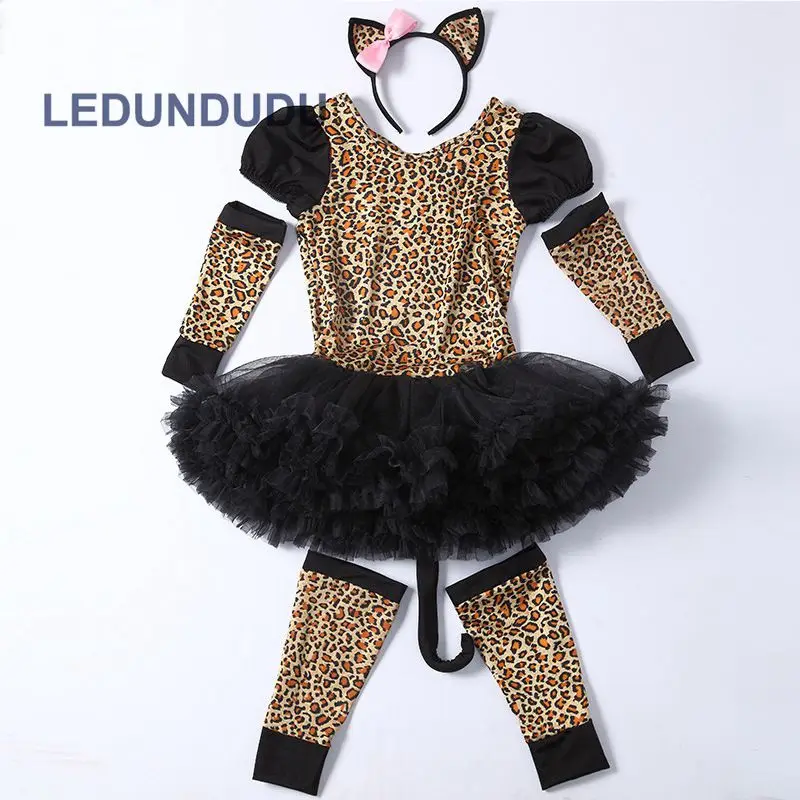 Kids Leopard Tiger Cute Girls Lace Dress Funny Catwoman Cosplay Lovely Cat Children Ballet Dresses Halloween Costumes  (6)
