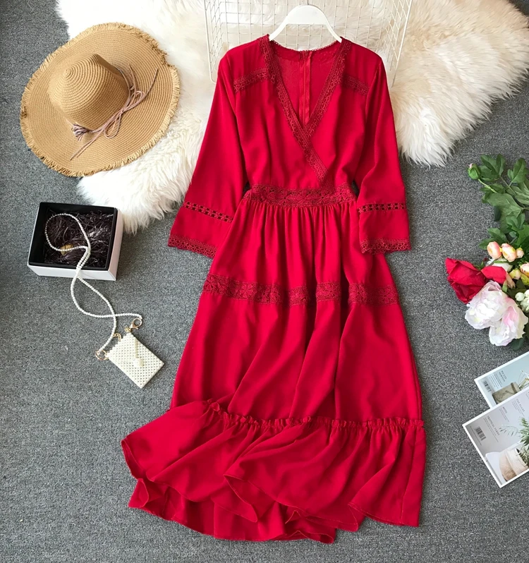 Женское богемное платье, женское платье с рукавом средней длины и v-образным вырезом, красное и белое, для пляжного отдыха, элегантное, Vestidos E152