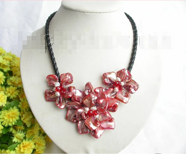 

Free shipping@@@@@ Ahandcraft bloom red seashell pearls crystal choker leather necklace j7765 a 6.08