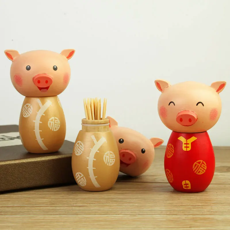 Cute Cartoon Pig Doll Wooden Toothpick Dispenser Creative Festive Home