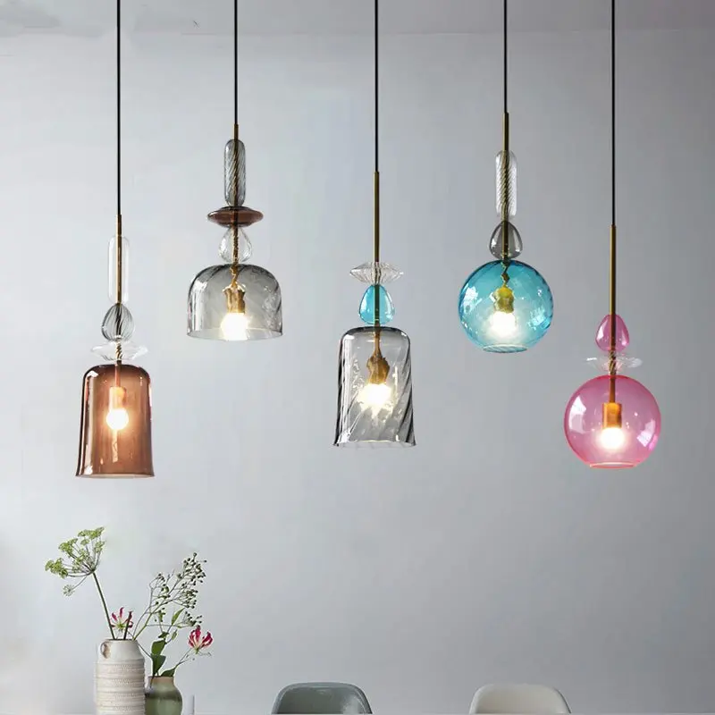 

Nordic Stained Glass Pendant Lights Led Loft Modern Dining Room Kitchen Hanging Lamp Decor living room bedroom Candy Luminaire
