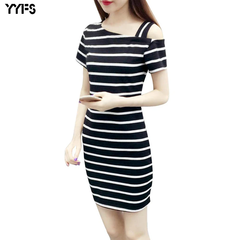 

New 2019 Fashion Striped Cheap Summer Dress Women Short-sleeved Boat Neck Oblique Shoulder Cotton Casual Dresses vestidos