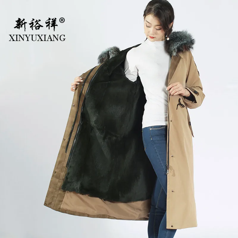 XINYUXIANG 2018 Новое X-Длинные парки с натуральным мехом женские хаки кроличьим внутри