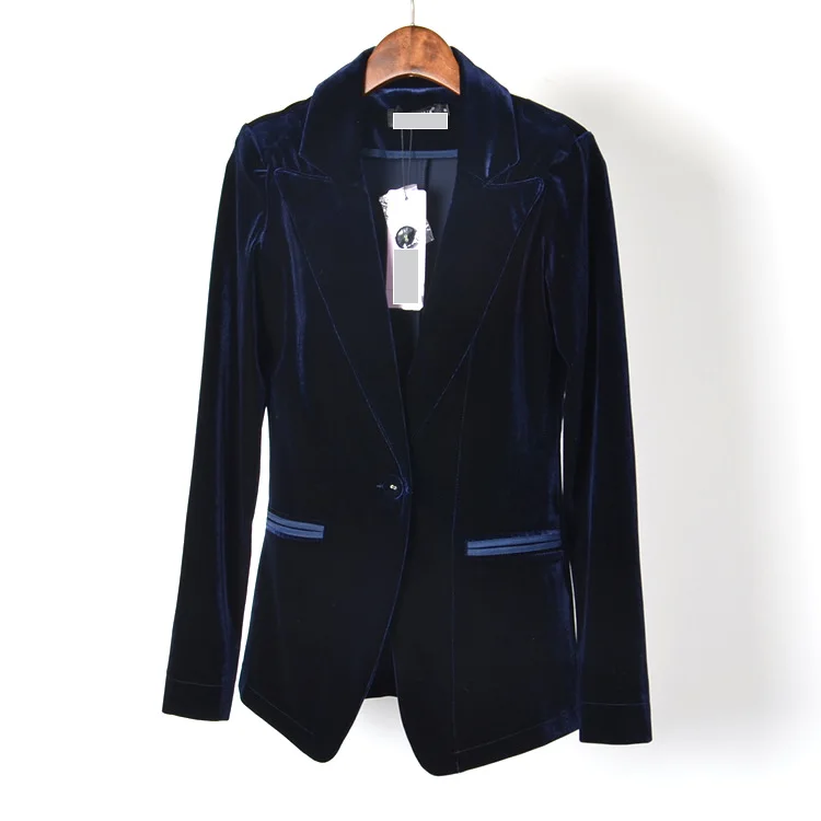 Женский синий бархатный костюм тонкий женский бархатный блейзер Новая мода женский повседневный костюм пальто куртка на одной пуговице
