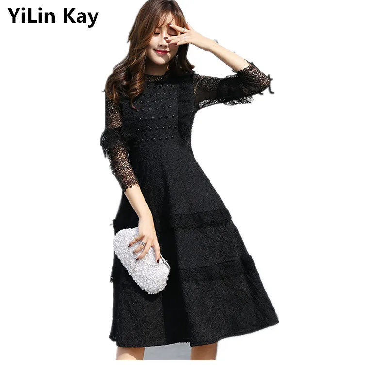 

YiLin Kay High-end custom female clothing autumn Fashion runway Black fungus edge Nail bead Lace dress