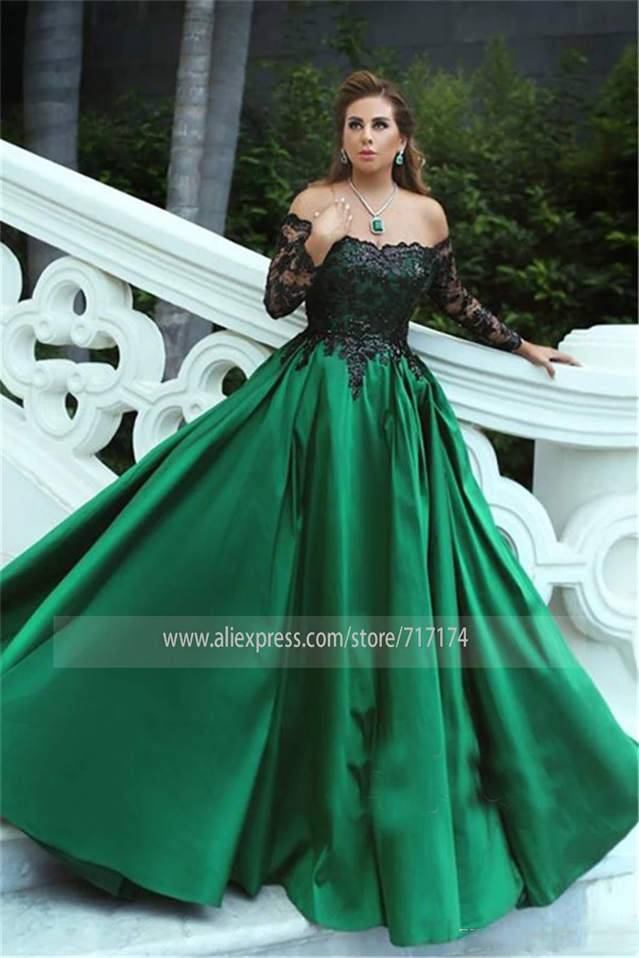 Nero Appliques Maniche Off the Spalla Lungo Elegante Vestito Da Promenade Nero  e Verde A Maniche Lunghe Abiti Da Sera|Prom Dresses| - AliExpress