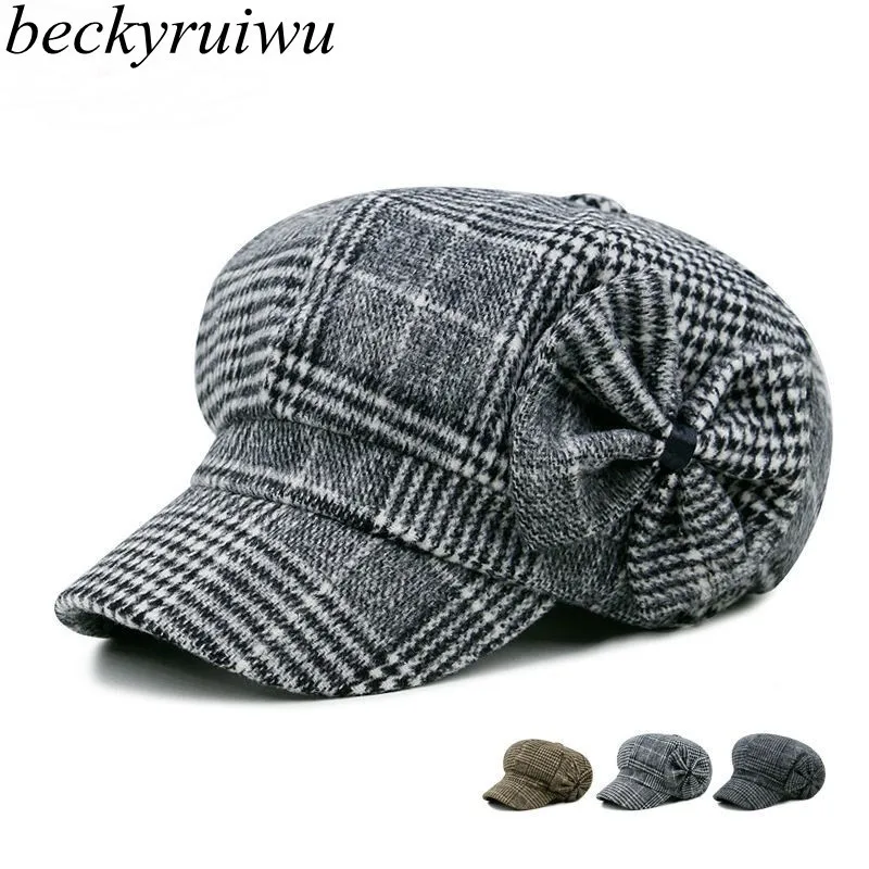 Beckyruiwu мать подарок для женщин берет кепки осень и зима мода бантом плед газетчик s Леди Шерсть фетр восьмиугольная шляпа