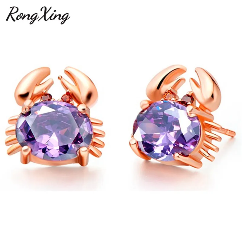 

RongXing Creative Cute Crab Stud Earrings Rose Gold Filled Oval Purple/Red/Lake Blue Zircon Birthstone Animal Earrings Gifts