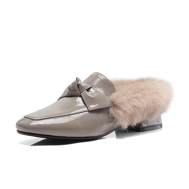 Carrés Cuir Bowtie Noir Kcenid Chaussures Bas Casual Carré Avec Printemps Femmes Verni Talons En Rouge Mode Bout vin Fourrure gris Pompes Nouveaux ExEZBUwqY