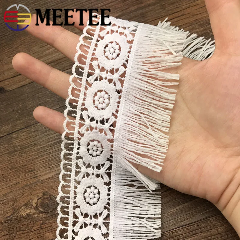 

Meetee 6meters 70mm Width White Tassel Lace Cotton Embroidered Webbing for Skirt Wedding Dress DIY Handmade Accessories TF209