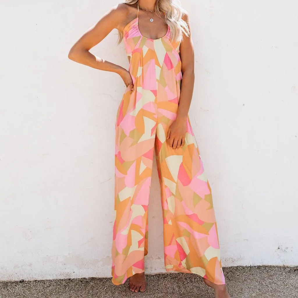 

Camouflage u neck long jumpsuit Summer loose sleeveless overalls Elegant wide leg office ladies jumpsuits romper