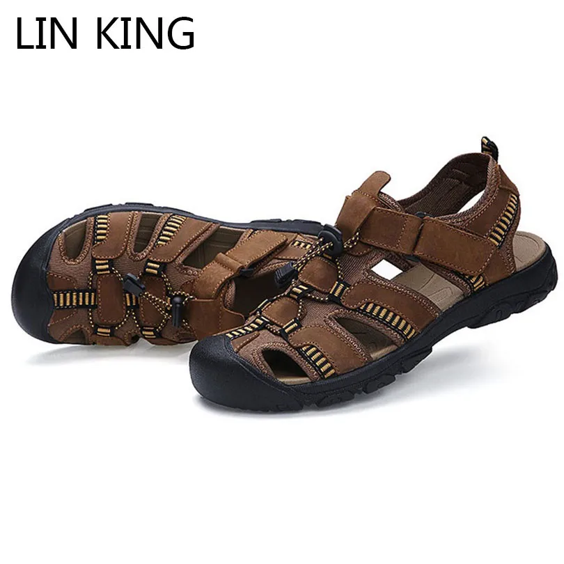 

LIN KING Plus Size Solid Men's Genuine Leather Sandals Romen Style Summer Beach Shoes Fashion Soft Sole Outdoor Sandals For Male