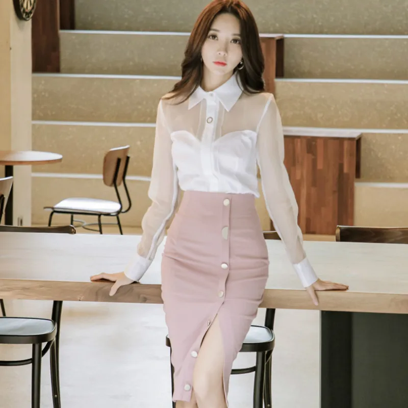 

2019 Spring Mesh Patchwork White Office Blouse Pink Pencil Bodycon Skirt Two Piece Work Set Sexy Suit Dress