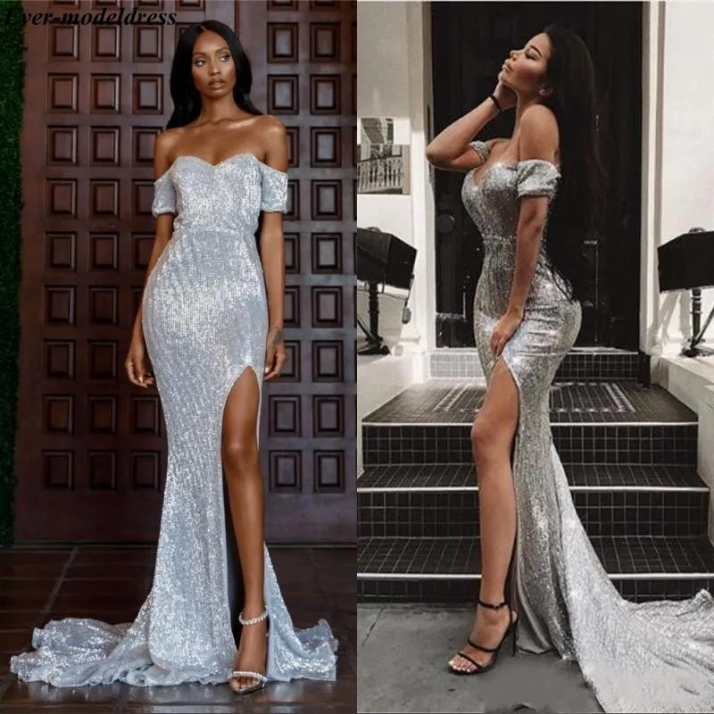 

Off Shoulder Sexy Evening Dresses Long 2019 High Split Zipper Back Sweep Train Formal Prom Party Gowns Rode de soiree Cheap