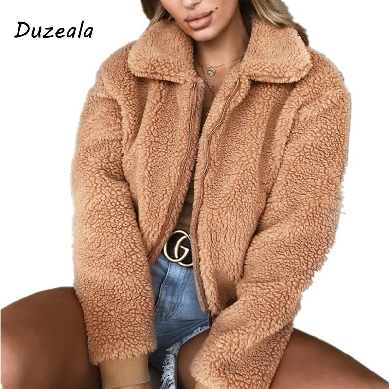 

Duzeala Women Casual Faux Fur Coat Female 2019 Autumn Winter Elegant Loose Warm Soft Outwear Zipper Teddy Overcoat Jacket