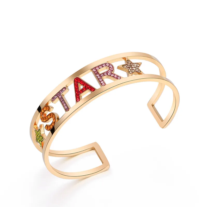 Открытый браслет из нержавеющей стали, браслет с надписью «Star Forever Love You& Me» для женщин, разноцветные хрустальные Драгоценности вечерние, подарок, новинка - Окраска металла: star gold