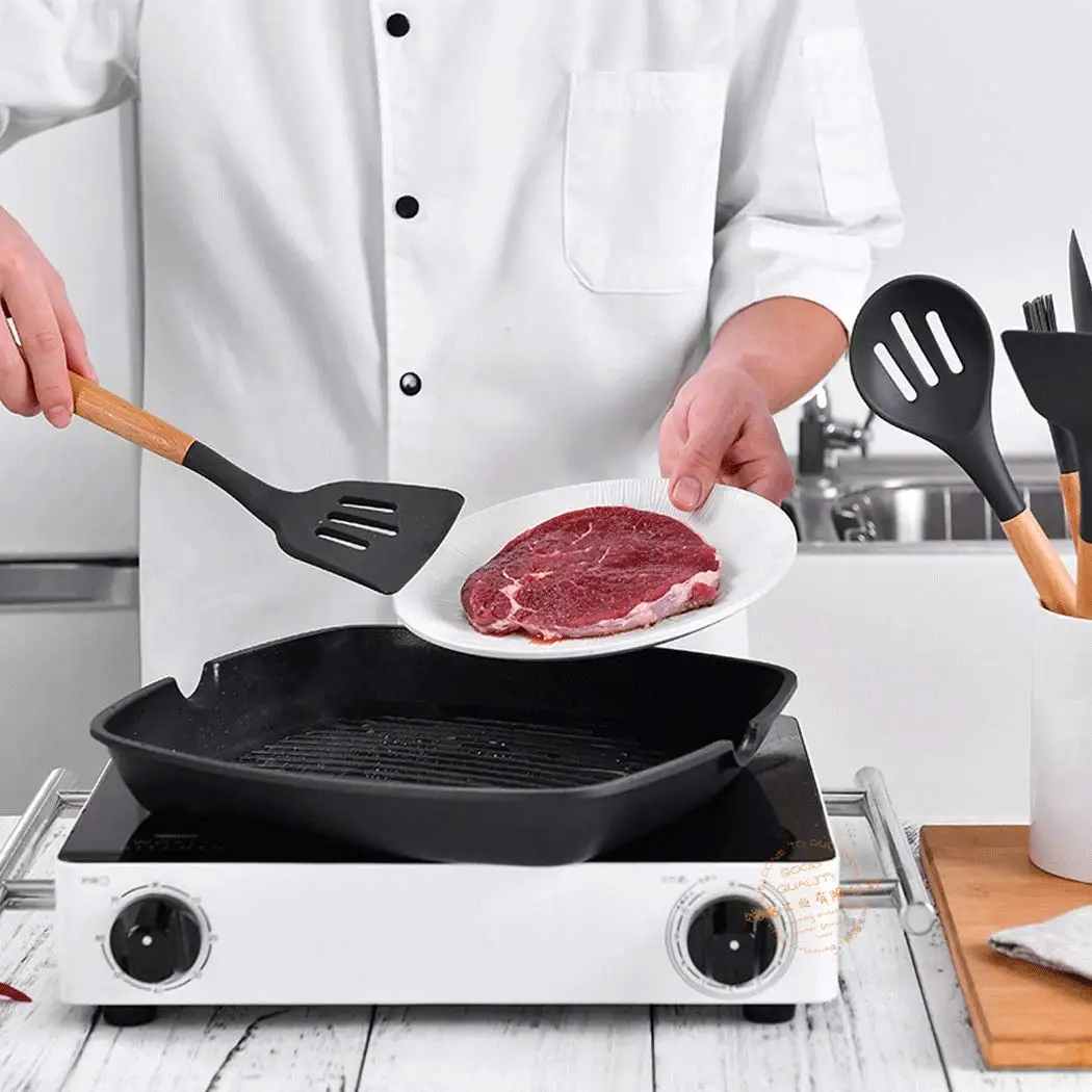 XITUO набор 11 шт. кухонная посуда антипригарная пищевая силикагель деревянные столовые приборы Ложка-Лопатка ложка Кухня Мода черный