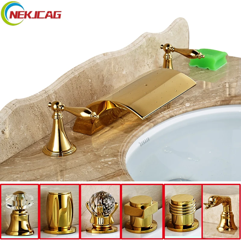 

Crystal Handle Basin Faucet Widespread Bathtub Faucet Waterfall LED Mixer Taps Deck Mounted Hot and Cold Water Faucet 3 Holes