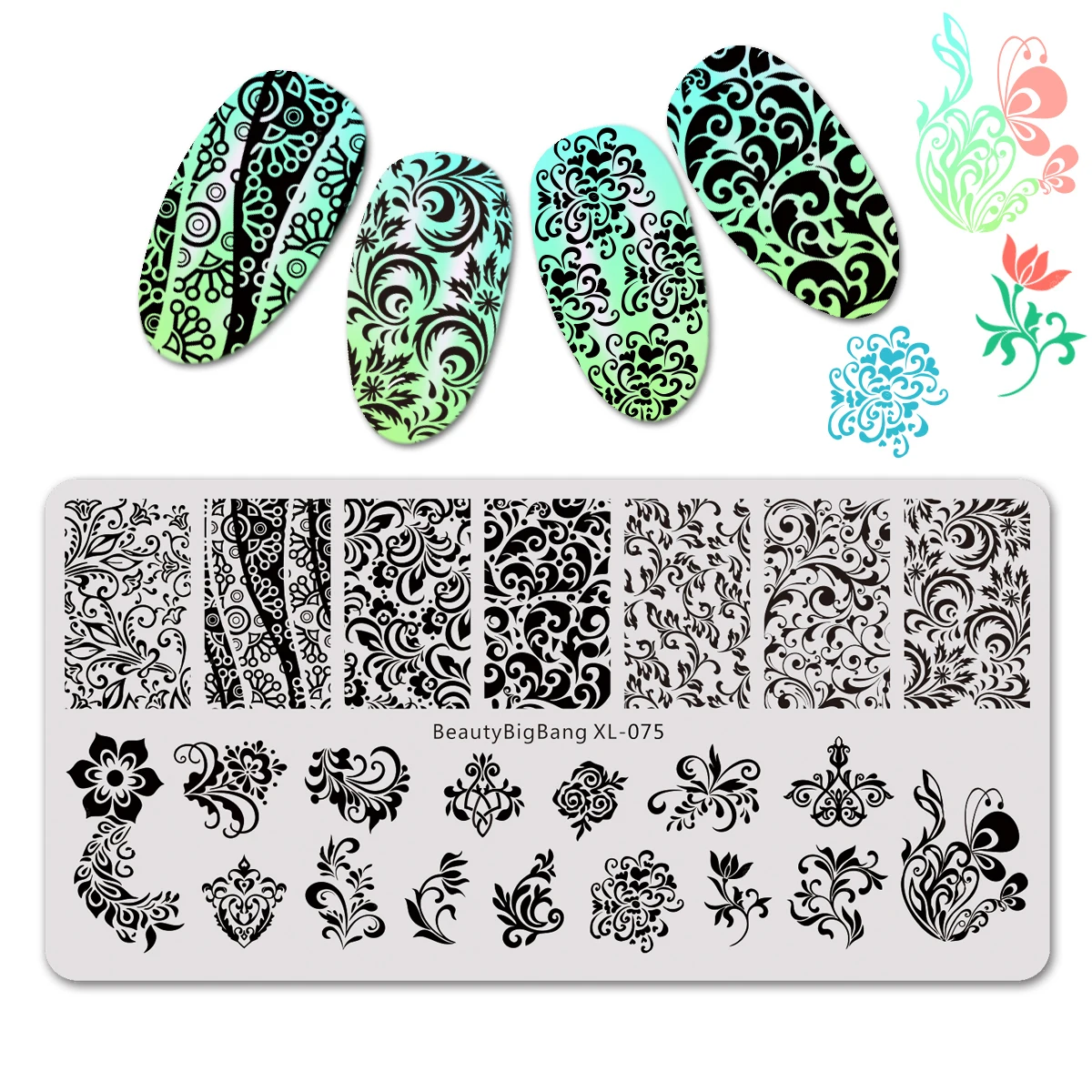 Beautybigbang 6*12cm Stainless Steel Stamping Plate Flower Figure Grass Blade Design For Nail Art Polish Stamp Plate XL-075