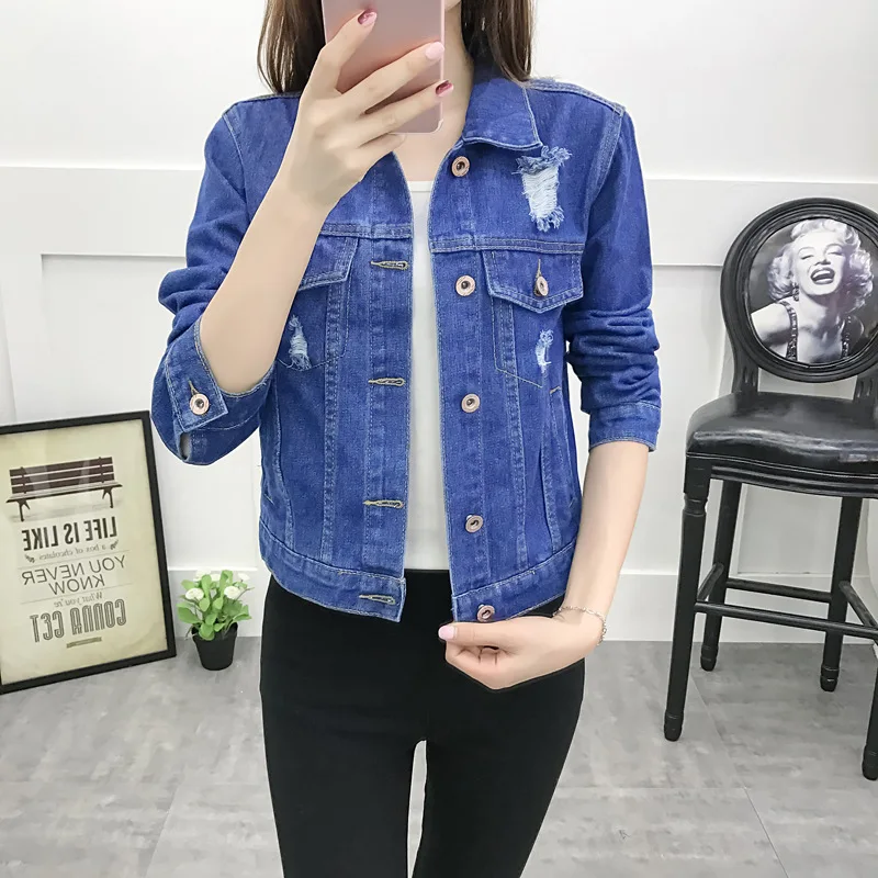 

Spring Denim Jacket Women Short Jeans Jackets Overcoat Ladies Tops Turn Down Collar Slim Ripped Hole Cowboy Jacket Outwear
