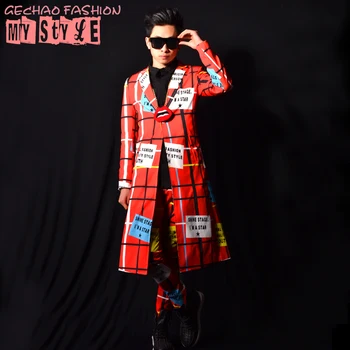 

New 2017 men's clothing Nightclub male singer DSDJ stage performance clothing GD red line long coat bar singer costumes