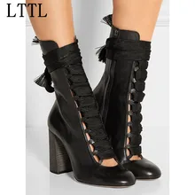 Новое Прибытие Осень Trend Sexy Вырезами Зашнуровать Круглый Носок женщины Ботильоны Коренастый Высокие Каблуки Боковой Молнии Осень Botas Обувь женщина