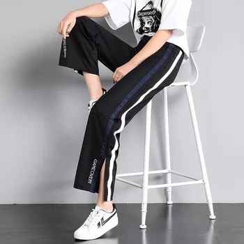 

2018 New Side Split Wide Leg Women Pants Elastic Waist Ankle-Length Striped Summer Loose Harajuku Casual Pantalon Femme Trouser