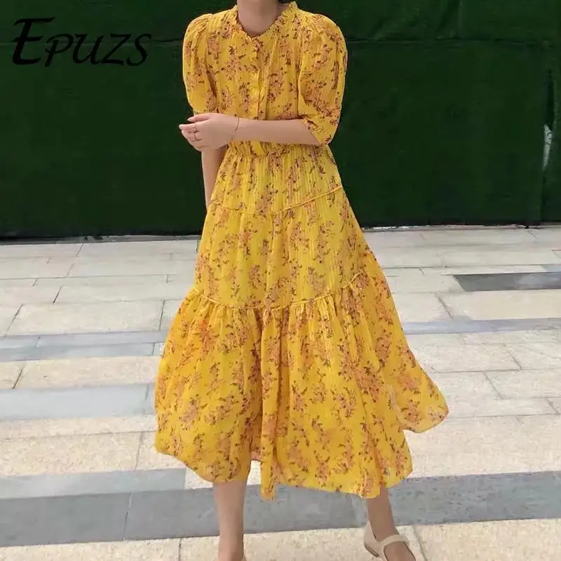 

Vintage chiffon yellow floral dress women summer dress 2019 boho Pleated long dress korean party dress elegant women vestidos